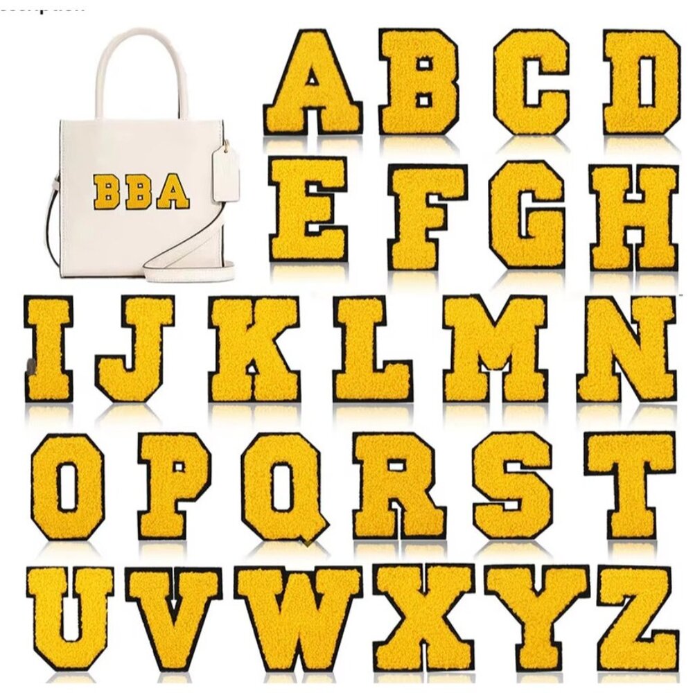26pcs Chenille YELLOW Letter Alphabet 3in Embroidered Iron-on Patch
